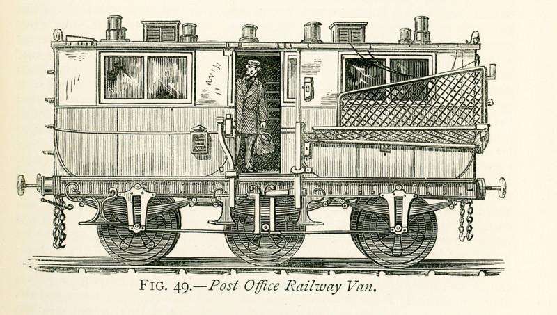 This illustration dates to the 1870s and shows a  well-designed Travelling Post Office. In such vans as that here represented letters are sorted during the journey, and for this purpose the interior is provided with a counter and with pigeon-holes from end to end. When the train stops bags may, of course, be removed from or received into the van in the ordinary manner; but by a simple mechanism bags may be delivered at a station and others taken up while the train continues its journey at full speed. A bar can be made to project from the side of the carriage, and on this the bag is hung by hooks, which are so contrived that they release the bag when a rod, projecting from the receiving apparatus, strikes a certain catch on the van. The bag then drops into a netting, which is spread for its reception; and in order to receive the bags taken up, a similar netting is stretched on an iron frame attached to the van 112This frame is made to fold up against the side of the carriage when not in...