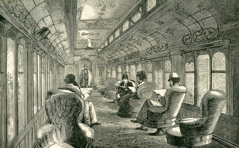 This illustration dates to the 1870s and shows the interior of a Pullman car on the Midland Railway. The Midland Company, who first adopted the Pullman cars, have constructed luxurious vehicles in which every elegance and comfort are placed within the reach of the English traveller, and these improvements are highly appreciated by all who have long journeys to make by day or night. Pullman Cars of another kind, providing sleeping accommodation for night journeys, are also in use on the Midland line, and they are fitted up with the same thoughtful regard to comfort as the Parlour Car.