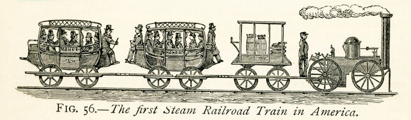 This illustration dates to the 1870s and shows the first steam railroad in America - the United States. The image is from a painting in the possession of the Connecticut Historical Society (in the 1870s), and it represents the first railway train in America on its trial trip (1831), in which sixteen persons took part, who were then thought not a little courageous. Here we see that the carriages were regular stage coaches. This illustration proves that the Americans set out with the same style of carriages; but North America, as compared with the Old World, is par excellence the country of rapid developments, and there carriages, or cars, as our Transatlantic cousins call them, have for a long time been made with numerous improvements, and in forms more in harmony with the railway system.