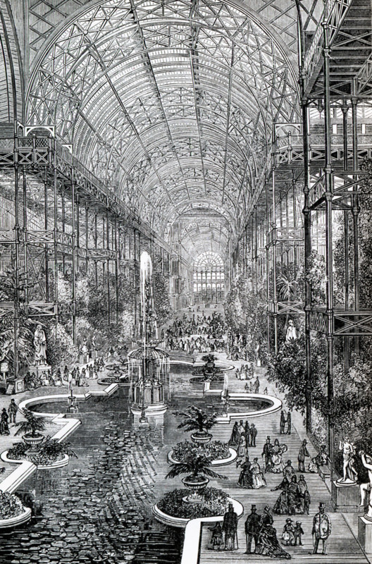 This illustration dates to the 1870s and shows the Crystal Palace at Sydenham Hill, a wealthy suburb in the area of London. It was an enormous glass and iron structure that was built in 1851 for the Great Exhibition held in 1851 in Hyde Park in London. The Exhibition was Prince Albert's idea to showcase the industrial achievements of Great Britain. Other countries, including the United States, Russia, and Egypt exhibited as well.  The Crystal Palace was designed by Sir Joseph Paxton. Shown here is the interior of the high, barre-vaulted transept thatran across the center of the building. It was deisgned to be positioned at 90 degrees to the main gallery and incorporated into it several tall elm trees that otherwise would have been cut down.