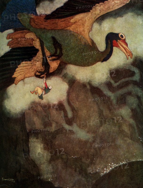 Sindbad the Sailor is of Middle Eastern origin. His tale is, in modern times, often connected with and/or included in The Thousand and One Nights, or the Arabian Nights, but it originally was not part of it. One of the fantastic creatures that Sinbad tells attacked his ship was a giant mythical bird, called the roc. This early 1900s illustration shows a roc with Sindbad hanging on to one of its talons.