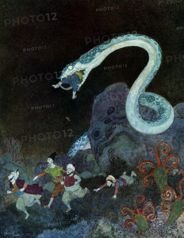 Sinbad the Sailor is of Middle Eastern origin. His tale is, in modern times, often connected with and/or included in The Thousand and One Nights, or the Arabian Nights, but it originally was not part of it. On Sinbad's second voyage, the bird monster known as a roc takes him to the valley of the giant snakes. The snakes are food for the rocs. Merchants come here to gather the diamonds. They throw meat chunks to snakes to divert their attention so they can get diamonds.