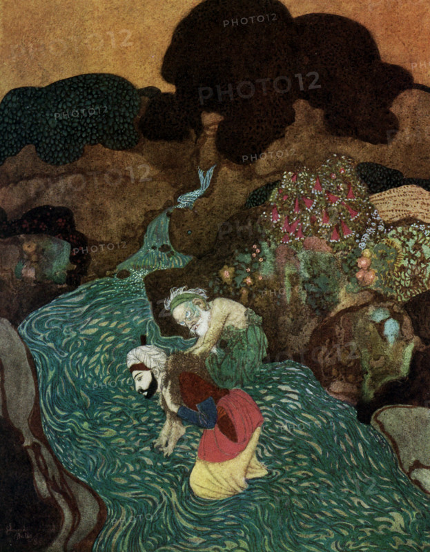 Sinbad the Sailor is of Middle Eastern origin. His tale is, in modern times, often connected with and/or included in The Thousand and One Nights, or the Arabian Nights, but it originally was not part of it. This early 1900s illustration shows Sindbad and the episode of the Old Man of the Sea. This is Sindbad's fifth voyage and he is shipwrecked and the Old Man of the Sea enslaves him.
