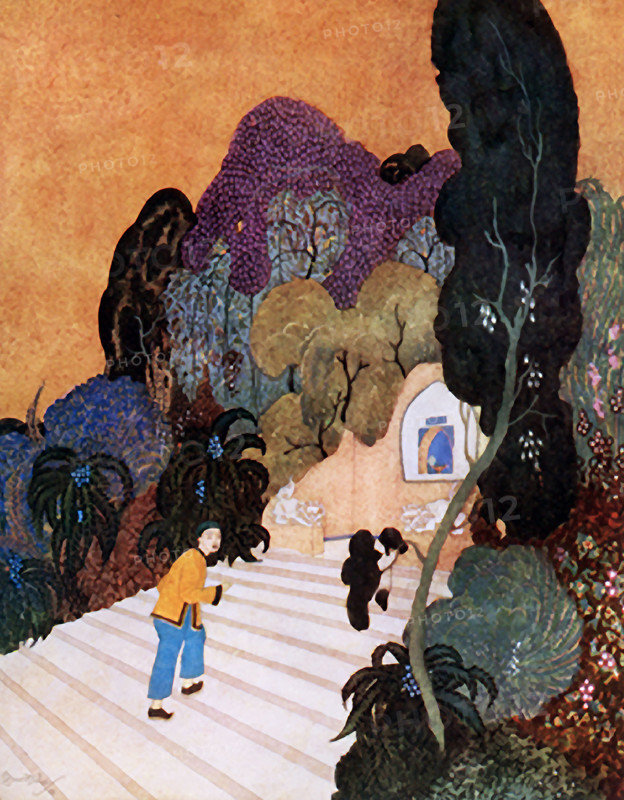 This early 1900s illustration shows Aladdin and the magic lamp. The tale is a folktale and probably originated in the Middle East. His tale is often connected with and/or included in The Thousand and One Nights, or the Arabian Nights. It is not one of the original tales but one included by the Frenchman Antoine Galland. Aladdin is a poor man in China  who is recruited by a sorcerer named Mustapha. Mustapha wants Aladdin to retrieve a magic oil lamp from a cave, as seen here.