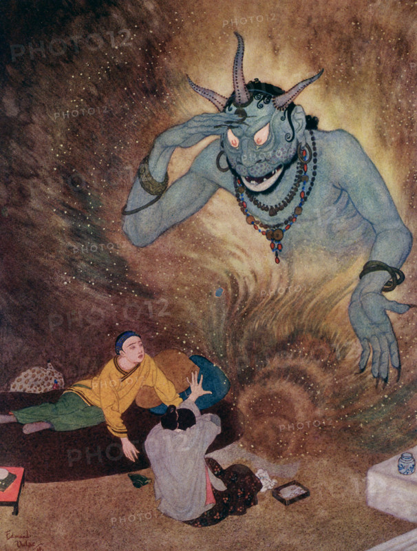 This early 1900s illustration shows Aladdin and the Efrite. The tale is a folktale and probably originated in the Middle East. His tale is often connected with and/or included in The Thousand and One Nights, or the Arabian Nights. It is not one of the original tales but one included by the Frenchman Antoine Galland. Aladdin is a poor man in China  who is recruited by a sorcerer named Mustapha. Mustapha wants Aladdin to retrieve a magic oil lamp from a cave, as seen here.Aladdin does and within is an effrite, also known as a genie, who tells him that his wish is his command.