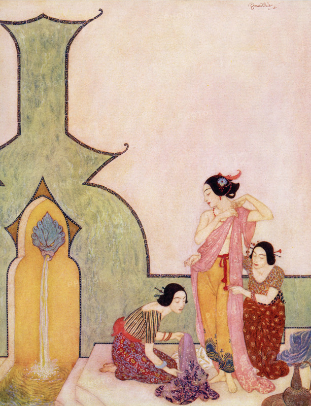 This illustration is taken from the book ""Sinbad the Sailor"" that was published around 1914.  It shows Lady Bedr-el-Budr at her bath. The illustrator was Edmund Dulac and the story is from the Arabian Nights. Aladdin fell in love with Lady Bedr-el-Buhr when he saw her. Here the Lady is shown at her bath.