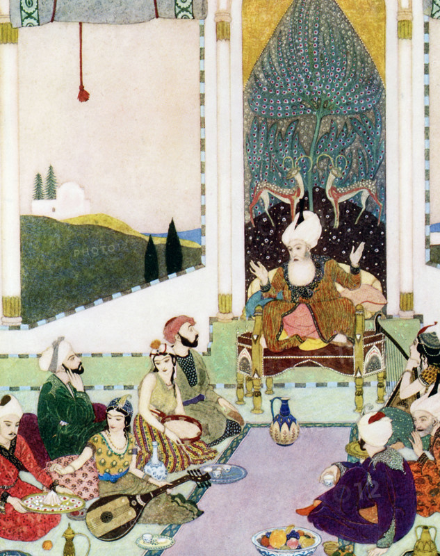 This early 1900s illustration shows Aladdin and the magic lamp. The tale is a folktale and probably originated in the Middle East. His tale is often connected with and/or included in The Thousand and One Nights, or the Arabian Nights. This early 1900s illustration shows Sindbad the sailor telling tales to Sinbad the Landsman.