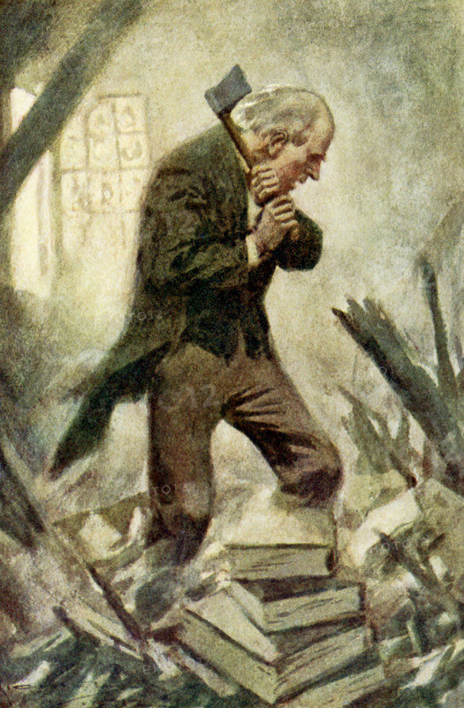This illustration dates to the early 1900s and shows Peter Goldthwaite from Nathaniel Hawthorne's short story titled ""Peter Goldthwaite's Treasure."" The caption reads: He uplifted the axe, and laid about him so vigorously that the dust flew, the boards crashed.Nathaniel Hawthorne (1804-1864) was an American novelist and short story writer. His Wonder-Book and Tanglewood Tales are children's classics. He also wrote The Scarlet Letter, Blithedale Romance, The House of Seven Gables, The Marble Faun. With his superb creation of dark-hued atmosphere, his symbolism, and his blend of realistic detail and romantic-even melodramatic theme, Hawthorne stands as one of America's top novelists.