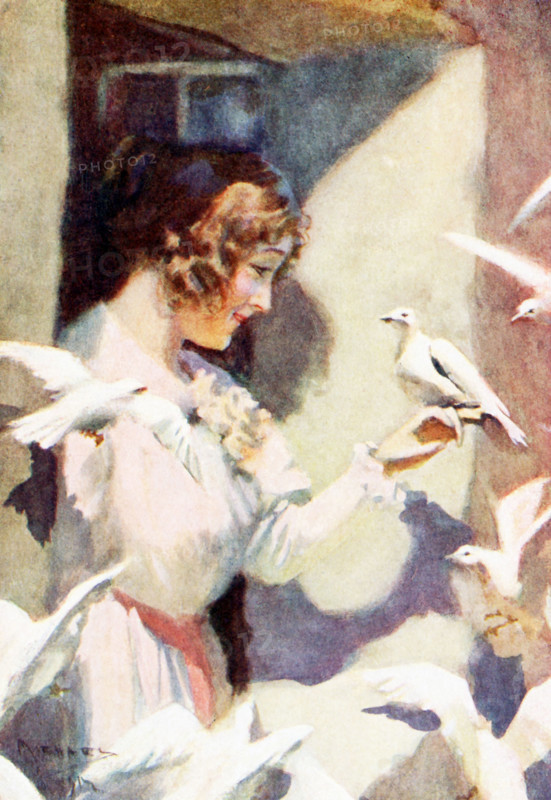 This illustration dates to the early 1900s and shows Hilda with doves, The tale of Hilda is found in Nathaniel Hawthorne's The Marble Faun, also known as The Romance of Monte Beni. The caption reads: They soon became familiar with the fairhaired Saxon girl as if she were a born sister of their brood. - Transformation. Nathaniel Hawthorne (1804-1864) was an American novelist and short story writer. His Wonder-Book and Tanglewood Tales are children's classics. He also wrote The Scarlet Letter, Blithedale Romance, The House of Seven Gables, The Marble Faun. With his superb creation of dark-hued atmosphere, his symbolism, and his blend of realistic detail and romantic-even melodramatic theme, Hawthorne stands as one of America's top novelists.
