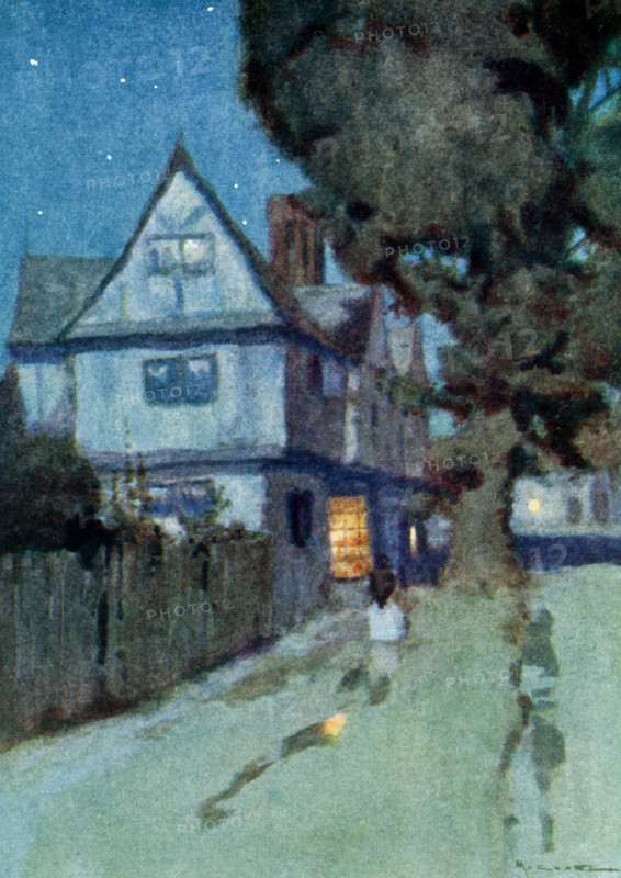 This illustration dates to the early 1900s and shows the House of the Seven Gables in Salem Massachusetts. The caption reads: A rusty wooden house, with seven acutely-peaked gables, facing towards various points of the compass...and an elm-tree of wide circumference, rooted before the door. Nathaniel Hawthorne (1804-1864) was an American novelist and short story writer. His Wonder-Book and Tanglewood Tales are children's classics. He also wrote The Scarlet Letter, Blithedale Romance, The House of Seven Gables, The Marble Faun. With his superb creation of dark-hued atmosphere, his symbolism, and his blend of realistic detail and romantic-even melodramatic theme, Hawthorne stands as one of America's top novelists.