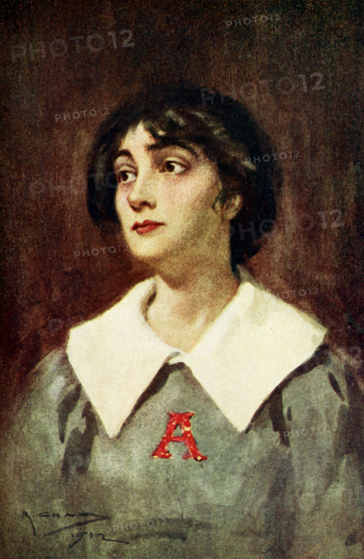 This illustrations dates to the early 1900s and shows Hester Prynne from Nathaniel Hawthorne's Scarlet Letter. The caption reads: Hester Prynne - The point which drew all eyes, and, as it were, transfigured thw wearer...was the Scarlet Letter so fantastically embroidered, illuminated upon her bosom. Nathaniel Hawthorne (1804-1864) was an American novelist and short story writer. His Wonder-Book and Tanglewood Tales are children's classics. He also wrote The Scarlet Letter, Blithedale Romance, The House of Seven Gables, The Marble Faun. With his superb creation of dark-hued atmosphere, his symbolism, and his blend of realistic detail and romantic-even melodramatic theme, Hawthorne stands as one of America's top novelists.