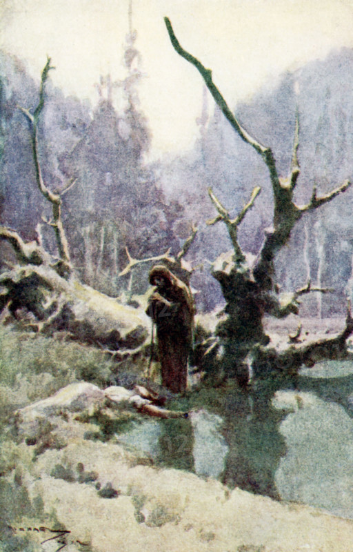 This illustration dates to the early 1900s and shows a witch and a lady in the woods. The scene is from Nathaniel Hawthorne's Twice-Told Tales and the tale is The Hollow of the Three Hills. The caption reads: When the old woman stirred the kneeling lady she lifted not her head. 'Here has been a sweet hour's spot,"" said the withered crone, chuckling to herself.