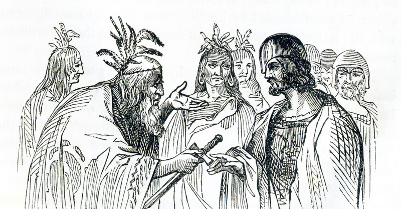 This illustrates dates to around 1846 and shows Biorn sending presents to Thurida and her son. The characters involved are  Northmen or Norse Vikings. According to the sagas, it was in the 900s A.D. Biorn Asbrand was the hero of Breidviking and a brave soldier. He was said to have fallen in love with Thurida, whife of Thorodd, a Dublin merchant settled in Iceland. Biorn was driven away from Iceland and in a later meeting with Gudlief gave him a gold ring for Thurida and a sword for her son Kiartan. Gudlief took them to Iceland and delivered them.