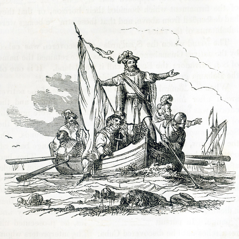 This illustrations dates to around 1846 and shows Columbus about to land in Hispaniola. In September 1492,  Columbus and his crew, uneasy about reaching land, saw birds and knew land was not far away.