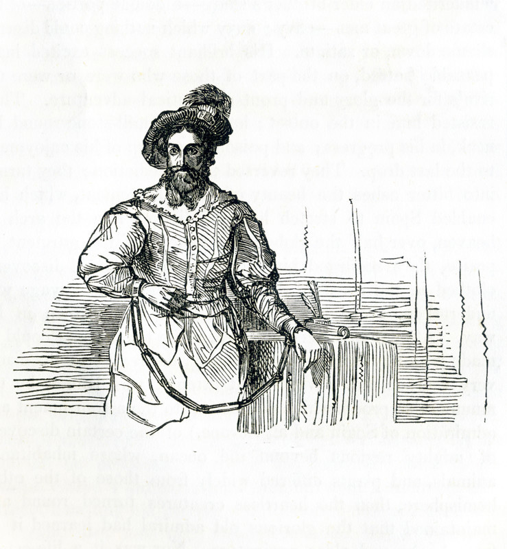 This illustration dates to around 1846 and shows Christopher Columbus in chains. Columbus had presented his proposal to King Ferdinand and Queen Isabella at Alcazar Castle in Cordoba in January 1492.In 1500, Francisco de Bobadilla was appointed by the Spanish crown to succeed Columbus as second govenror of the Indies. When he arrived there, Bobadilla had Columbus arrested on charges of mismanagement, put in chains, and sent back to Spain.