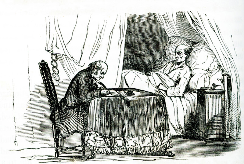 This 1840s illustration shows John Harvard bequeathing his property to the college. John Harvard (1607-1638) was an English minister in Colonial America whose deathbed bequest to the ""schoale or Colledge"" founded two years earlier by the Massachusetts Bay Colony was so gratefully received that it was consequently ordered ""that the Colledge agreed upon formerly to bee built at Cambridg shalbee called Harvard Colledge."".