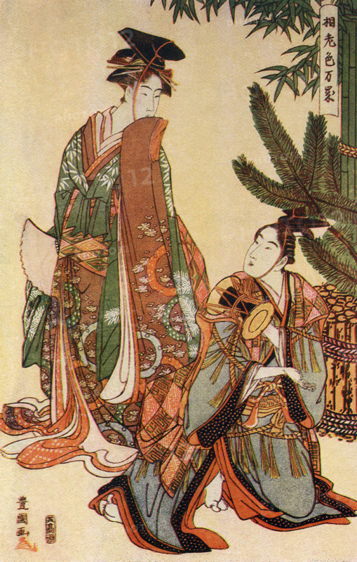 The caption for this image reads: Toyokuni, Manzai (New Year) Dancers.  He was recognized as a master of ukiyo-e and he was especially known for his kabuki actor prints. He lived 1769 to 1825. The ukiyo-e style was popular between the 17th and 19th centuries.  The term translates as ""picture[s] of the floating world."" There were wood prints, as well as paintings of female beauties actors, sumo wrestlers, historical scenes, folk tales, travel, landscape, flowers.