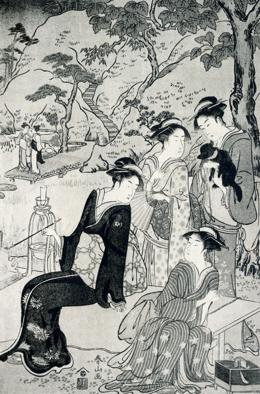 The caption of this print reads, Shunzan: Centre sheet of triptych. A group of a ladies in a garden by a lake; signed Shunzan; publisher, Yeijudo. The Japanese painter Katsukawa Shunzan was active c. 1782-1798. Shunzan was noted for his wood prints.