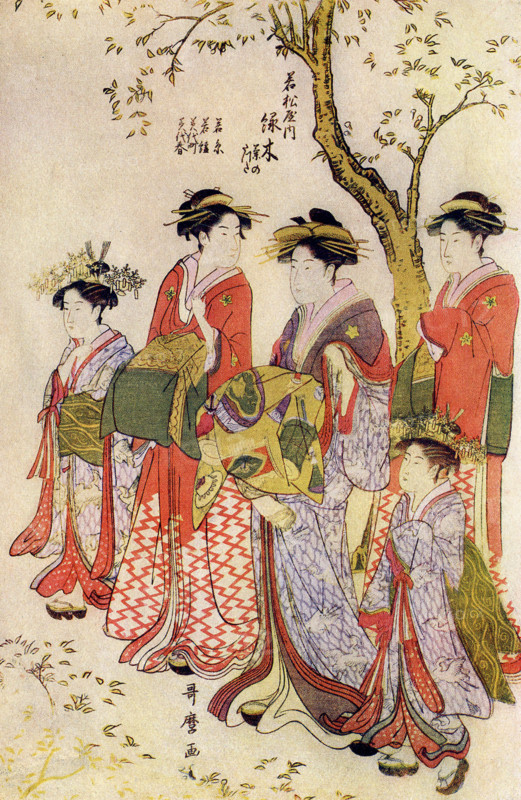 The caption for this illustration reads: Utamaro: Midorigi of Wakamatsu-ya on parade. Kitagawa Utamaro was a Japanese artist. He was considered a master at making ukiyo-e woodblock prints and paintings. He was especially regarded for his depiction of graceful women and also his bijin okubi-e. The latter were pictures of beautiful women that he drew with large heads. He lived 1754-1806. Here the courtesan Midorigi promenades under a flowering sakura (cherry tree) with her two kamuro (young girls who would become courtesans) and two shinzo (girls who had just become courtesans). Four shinzo are mentioned at top corner in inscription. The two kamuro and Midorigi wear the same kimono, decorated with herons. The two shinzo wear the same kimono. The three elder courtesans have the mark of the green house (green flower) on their shoulders and sleeves.