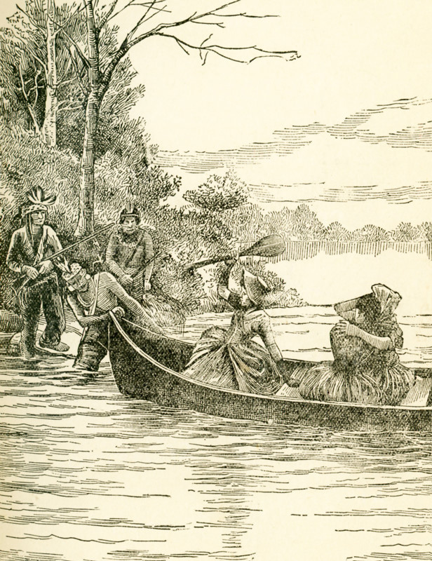 This illustration shows the capture of Miss Jemima Boone (sister of Daniel Boone) and her friends Betsy and Frances Callaway by Indians from Boonesborough. The girls were all about 14. The girls had been rowing along the river and saw a cluster of wild flowers and went toward the opposite shore to pick them. Their cries were heard  at the fort but too late and the canoe was the only means of crossing the river. Daniel Boone and Robert Callaway were away at the time. When they returned the next day, they and others set out and were able to track the Indians, who were now more than 30 miles away from the capture site. As the Indians were preparing a fire to cook a meal, Boone and his men rushed in and rescued the girls. The Indians fled and Boone and all returned to Boonesborough. This illustration is from the book titled: Story of the Wild West and Camp Fire Chats: Being the Complete and Authentic History of the Great Heroes of the Western Plains, Buffalo Bill, Wild Bill, Kit Carson, Da...