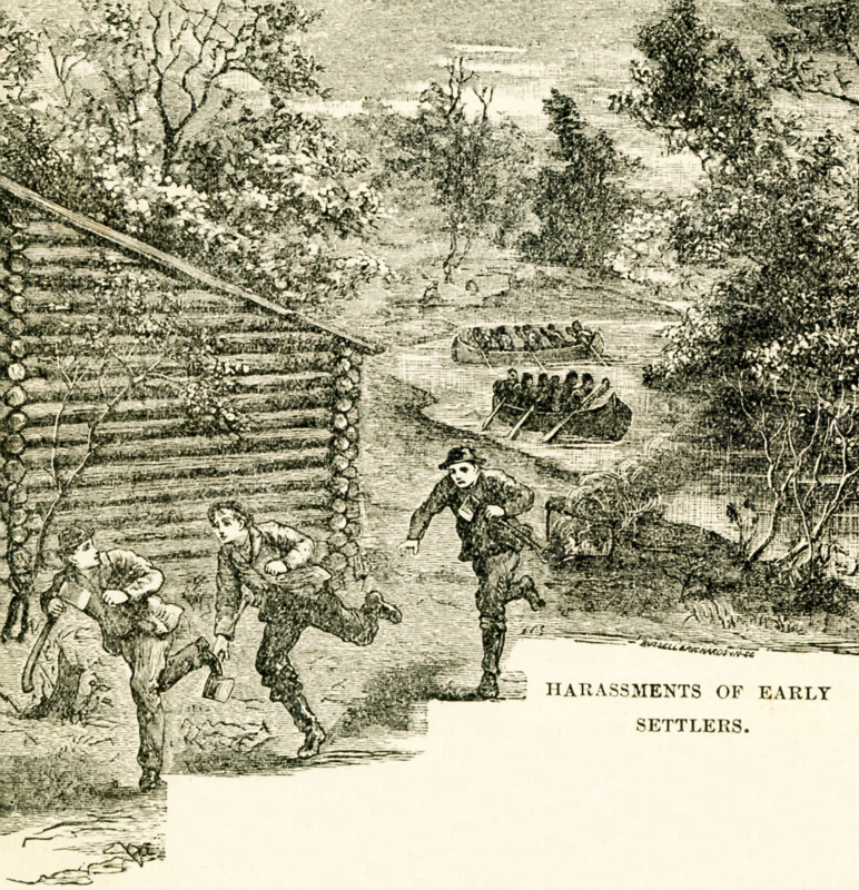 The Caption reads: Harrassment of Early Settlers. It details Native Americans attacking Boonesborough and other settlements in Kentucky. This illustration is from the book titled: Story of the Wild West and Camp Fire Chats: Being the Complete and Authentic History of the Great Heroes of the Western Plains, Buffalo Bill, Wild Bill, Kit Carson, Daniel Boone, Davy Crockett, Sam Houston, and Generals Crooks, Miles and Custer. It was first published in 1888. This edition was published in 1902.