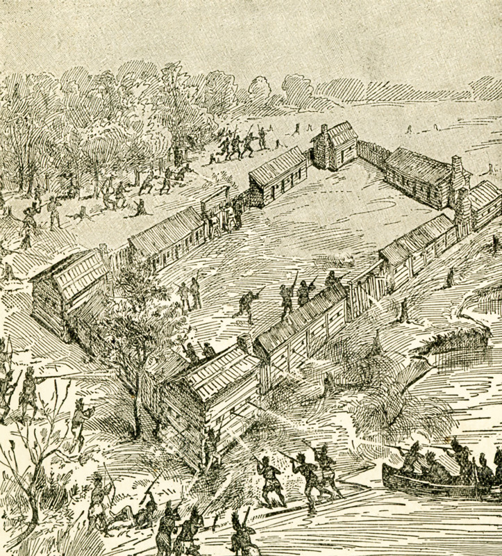 The caption reads: Battle of Boonesborough. Records seem to indicate that it took place in May of 1777. The Native Americans did retreat. Boonesborough had been settled in 1775. This illustration is from the book titled: Story of the Wild West and Camp Fire Chats: Being the Complete and Authentic History of the Great Heroes of the Western Plains, Buffalo Bill, Wild Bill, Kit Carson, Daniel Boone, Davy Crockett, Sam Houston, and Generals Crooks, Miles and Custer. It was first published in 1888. This edition was published in 1902.