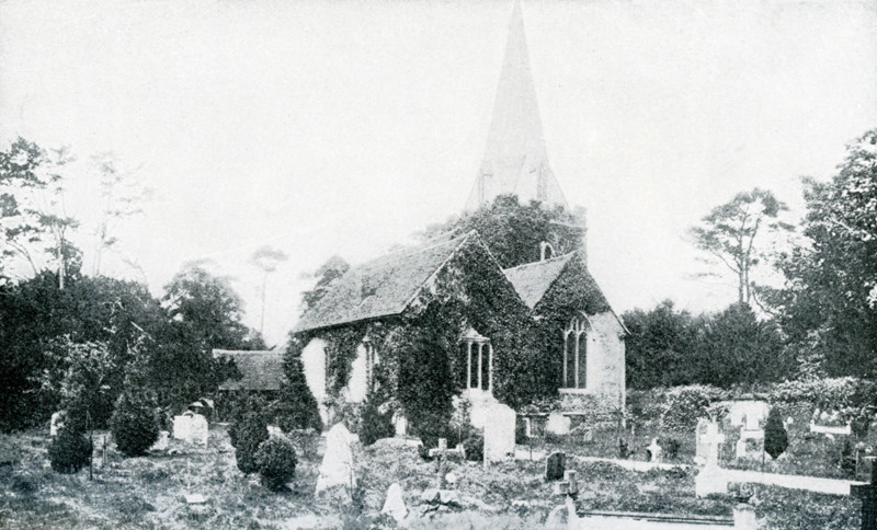 This photograph, which dates to 1922 or before, shows Stoke Pogis and St. Giles' Church. The spelling is also Stoke Poges. The historical link of the town of Stoke Poges in Buckinghamshire, England, is to English poet Thomas Gray, whose mother was buried in the cemetery here and who began work on  his ""Elegy in a Country Churchyard"" in 1742 while visiting  here and finished the poem here in 1750. Gray was also buried here.