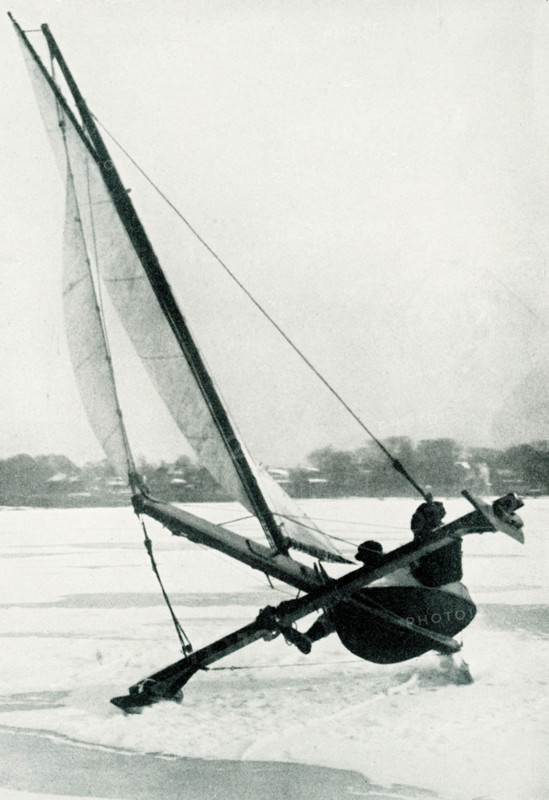 Ice Boating at Long Branch New Jersey Taking a turn while going at a fast clip during one of the exciting races held by the Long Branch Ice Boat and Yacht Club - around 1920.