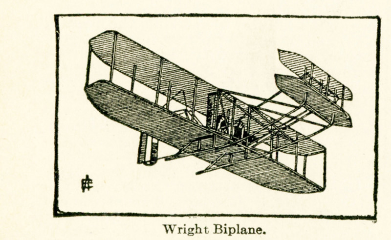This illustration of Wright's biplane dates to the early 1920s. Known as the Wright Flyer, it was the brainchild of the two Wright brothers, Orville and Wilbur, who experimented with it on a desolate sandy plain at Kitty Hawk, North Carolina. The first actual flight was made in September of 1902. The plane stayed afloat for two minutes. They continued experimenting and on September 10, 1908, Orville Wright remained in the air for 62 minutes and 15 seconds at Fort Meyer, near Washington.