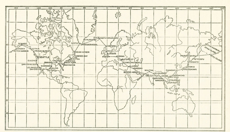 The image dates to the early 1920s. Around the world by Aeroplane. Chart of the epochal air voyage around the world made by American flyers who left Santa Monica, Los Angeles, California, March 17, 1924, flying by way of  Alaska, Japan, China, India, Mesopotamia, Europe, Iceland, Canada, and crossing the United States by easy stages, arriving at Seattle, September 28.