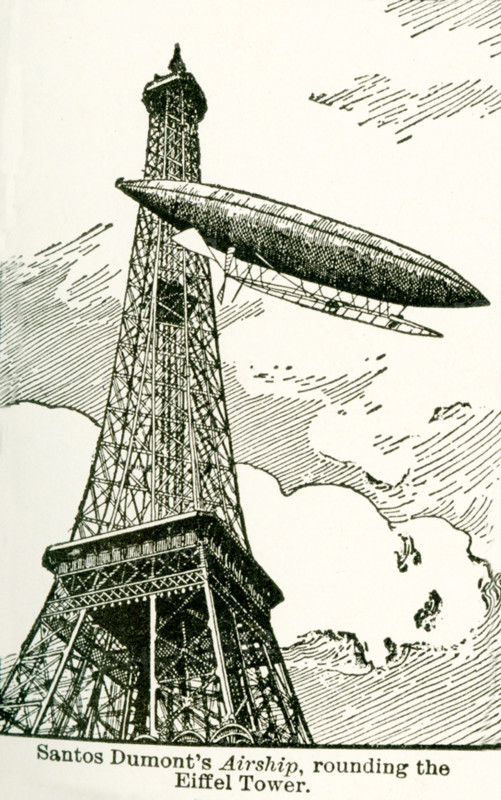 This illustration, which dates to the early 1920s, reads: Santos Dumont's Airship, rounding the Eifel Tower. Albert Santos-Dumont (died 1932) was a Brazilian inventor and aviation pioneer.