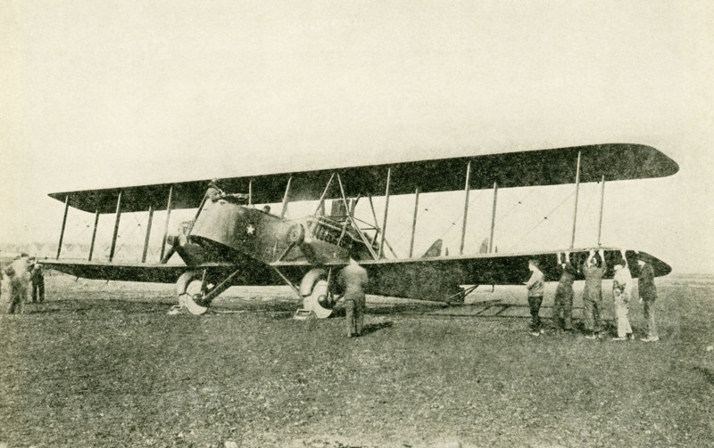 One of the Army giant bombing planes. This Martin bomber is powered with two 400 horse-power Liberty motors which give it a maximum speed of 97 1/2 milesa per hour. The great size of this plane (74 feet wide by 42 feet long) is necessary to carry the crew of four men together with its armament of machine guns and bombs.