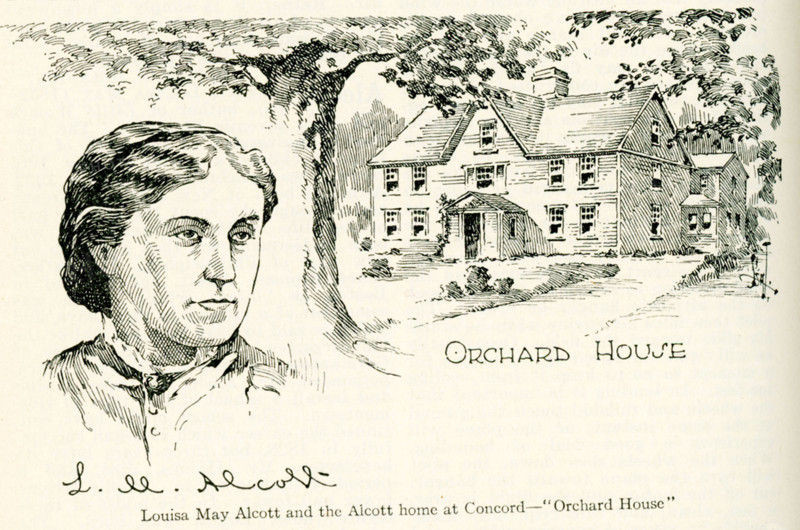 This illustration dates to the early 1920s. The caption reads: Louisa May Alcoitt and the Alcott home at Concord, ""Orchard House."" Alcott was an American novelist, short story writer and poet better known as the author of the novels Little Women, Little Men, Jo's Boys.