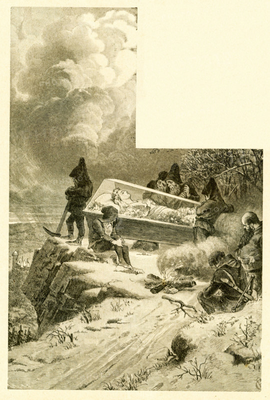 In 1812, the Grimm brothers, Jacob and Wilhelm, published Children and Household Tales, a collection German fairy tales. This illustration accompanied the tale of Snow White. Here, the dwarfs in grief watch over Snow White after they have placed her in a glass coffin after eating a poisoned apple the Queen gave her. This image is from Grimms Eventyr (Grimm's Fairy Tales) by Carl Ewald, published in 1922. The frontispiece has the illustrations by Philip Grot Johann and R. Leinweber. Johann was a well-known German illustrator and did pieces for Goethe, but he considered his pieces for Grimm's tales very important. He died young and Leinweber succeeded him as illustrator for later editions of the tales.