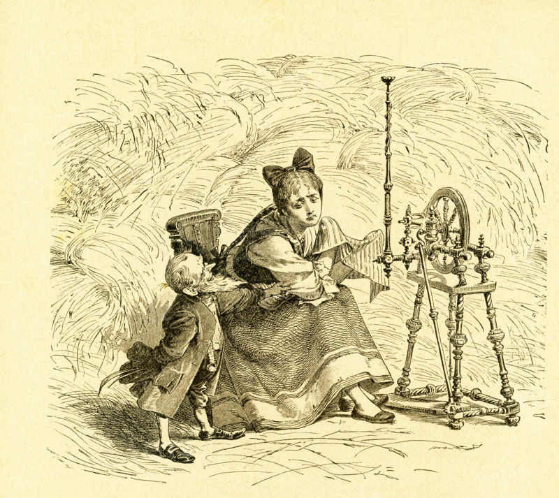 In 1812, the Grimm brothers, Jacob and Wilhelm, published Children and Household Tales, a collection German fairy tales. This illustration accompanied the tale ""The Elves and the Shoemaker"" and shows one of the little elves with the shoemaker's wife who had fashioned clothes for the elves. This image is from Grimms Eventyr (Grimm's Fairy Tales) by Carl Ewald, published in 1922. The frontispiece has the illustrations by Philip Grot Johann and R. Leinweber.