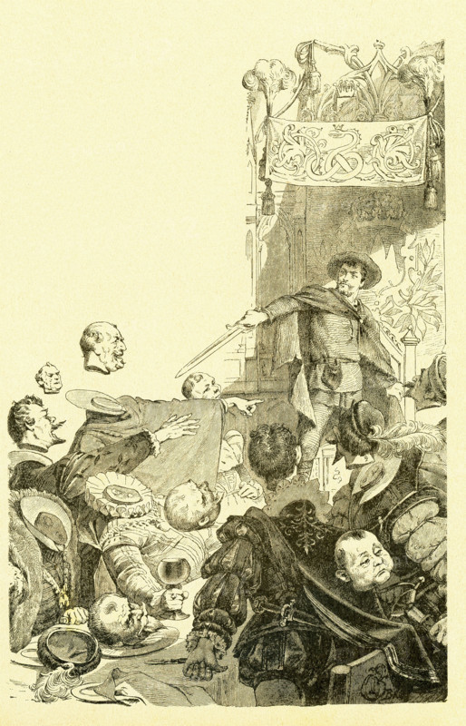 In 1812, the Grimm brothers, Jacob and Wilhelm, published Children and Household Tales, a collection German fairy tales. This illustration accompanied the tale ""The King of the Golden Mountain."" Here the boy turned king, Heinel, is back at the Gold Mountain and with the magic sword he got form the giants has cut off the heads of all who oppose him and htink he is not the rightful king. This image is from Grimms Eventyr (Grimm's Fairy Tales) by Carl Ewald, published in 1922. The frontispiece has the illustrations by Philip Grot Johann and R. Leinweber. Johann was a well-known German illustrator and did pieces for Goethe, but he considered his pieces for Grimm's tales very important. He died young and Leinweber succeeded him as illustrator for later editions of the tales.