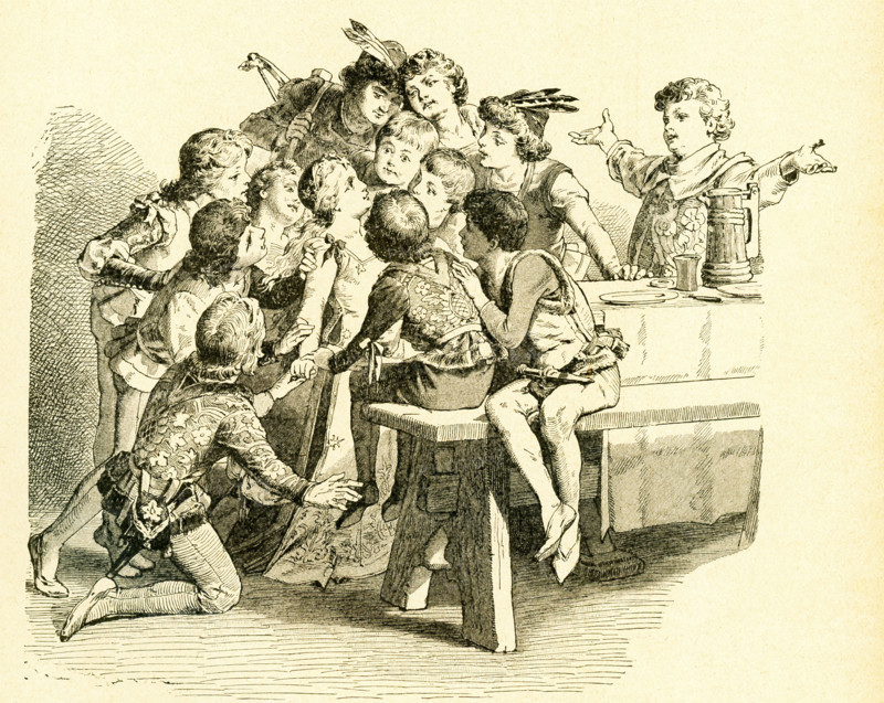 In 1812, the Grimm brothers, Jacob and Wilhelm, published Children and Household Tales, a collection German fairy tales. This illustration accompanied the tale ""The Twelve Brothers,"" which told of a king who planned to kill his 12 sons when a daughter was born. The boys learned of this and fled to the woods Years later, the daughter learned as well and found them in the forest. Here the brothers are reunited with their sister for the first time. This image is from Grimms Eventyr (Grimm's Fairy Tales) by Carl Ewald, published in 1922. The frontispiece has the illustrations by Philip Grot Johann and R. Leinweber. Johann was a well-known German illustrator and did pieces for Goethe, but he considered his pieces for Grimm's tales very important. He died young and Leinweber succeeded him as illustrator for later editions of the tales.