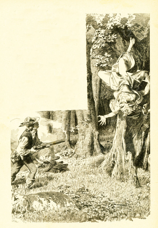 In 1812, the Grimm brothers, Jacob and Wilhelm, published Children and Household Tales, a collection German fairy tales. This illustration accompanied the tale Two Brothers. This image is from Grimms Eventyr (Grimm's Fairy Tales) by Carl Ewald, published in 1922. The frontispiece has the illustrations by Philip Grot Johann and R. Leinweber. Johann was a well-known German illustrator and did pieces for Goethe, but he considered his pieces for Grimm's tales very important. He died young and Leinweber succeeded him as illustrator for later editions of the tales. The Tale: A poor man finds a golden bird in the forest, and gets a feather, an egg, and finally the bird itself. He sells each to his brother. The wicked, rich brother plans to eat the golden bird, but the poor man's two sons eat two small pieces that fall from the roasting bird, the heart and liver, which magically bestow upon the eater the ability to wake up with a gold piece every morning.  The two sons are cast out. A kind hun...