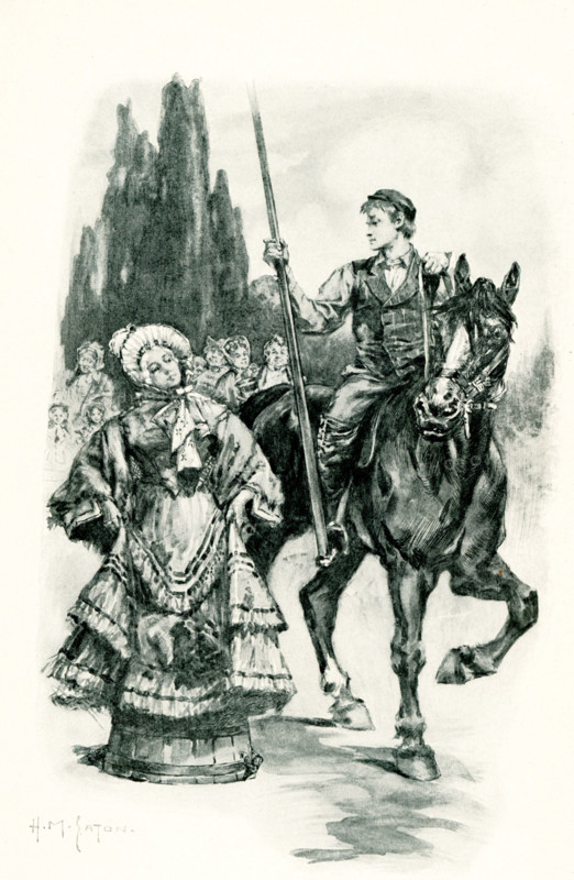 The 1906 caption for this illustration from Anthony Trollope's Barchester Towers reads: hall I begin, ma'am? said Harry. Anthony Trollope (1815 - 1882) was an English novelist and civil servant of the Victorian era. Barchester Towers, published in 1857 by Trollope, is the second novel in his series known as the ""Chronicles of Barsetshire."" Among other things it satirizes the antipathy in the Church of England between High Church and Evangelical adherents. Trollope began writing this book in 1855. Among his best-known works is a series of novels collectively known as the Chronicles of Barsetshire, which revolves around the imaginary county of Barsetshire.