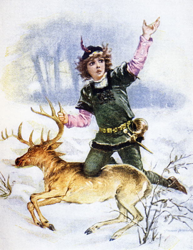 This image, dating to around 1899, shows the first Prince of Wales as a young boy hunting a deer. The first English Prince of Wales (later Edward II) was born at Caernarfon on April 25, 1284, the fourth and eldest surviving son of Edward I and Eleanor of Castille. On the completion of his father's conquest of the province, he was created Prince of Wales on February 7, 1301, at the age of 16, at a parliament at Lincoln. Edward was married to Isabella (the ""she-wolf of France""), daughter of Philip IV of France and Joan I of Navarre, Her son was the future Edward III. The art is by Frances Brundage, American artist who died in 1937.