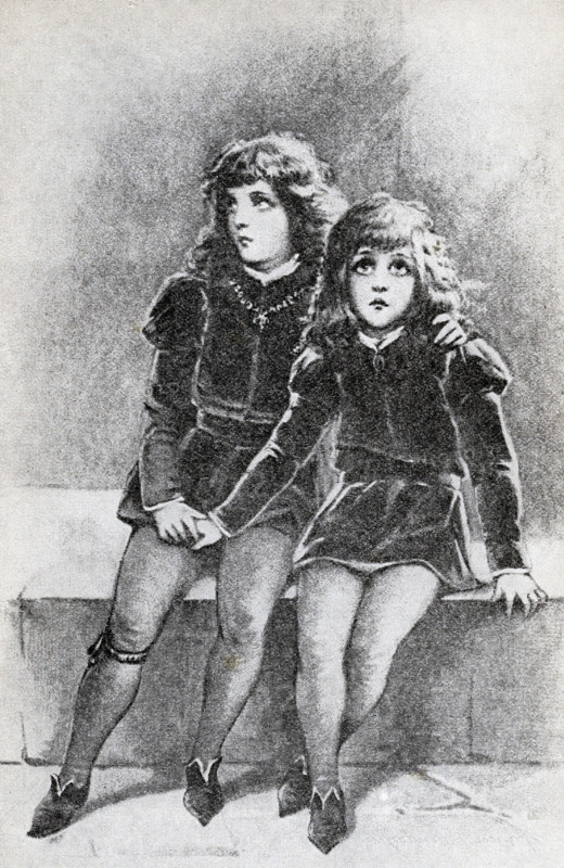 This image, dating to around 1899, shows The Princes in the Tower. The princes were Edward V and his brother Richard Duke of York, the sons of Edward IV and his Queen, Elizabeth Woodville. Their uncle, Richard of Gloucester, later Richard III, came after them in the succession. Sir Thomas More believed that the boys were murdered by their uncle (probably around 1483). Shakespeare portrayed Richard III as the murderous uncle. More wrote that the princes were buried ""at the stair-foot, meetly deep."" However, Henry Tudor (Henry VII) also had much to gain and some believe he had the princes murdered. In 1674, two skeletons were found buried beneath a stone staircase during alterations at the Tower. No conclusive proof yet that the skeletons were those of the princes.