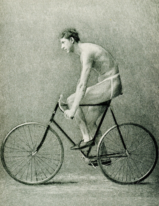 The 1897 caption for this illustration reads: The Wheel of Today,  A side view of A A Zimmerman in racing position on a wheel of his own design. Arthur Augustus Zimmerman was one of the world's greatest cycling sprint riders and winner of the first world championship in 1893. His prizes as an amateur were a consideration in the establishment of the International Cycling Association.