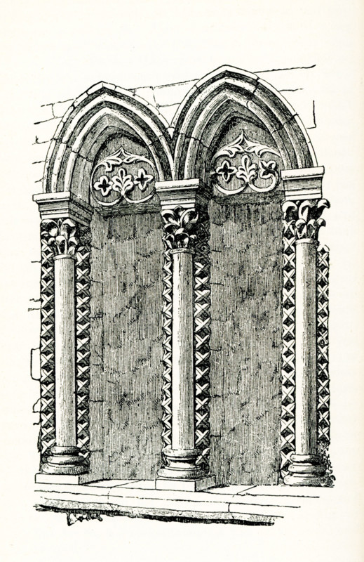 This  illustration of a window in Oakham Castle is from John Ruskin's essay ""the Seven Lamps of Architecture,"" published in 1849. The Norman great hall of Oakham Castle is one of the finest surviving example of domestic Norman architecture in Europe. John Ruskin was the leading English art critic of the Victorian era, as well as an art patron, draughtsman, watercolourist, philosopher, prominent social thinker and philanthropist. He wrote on subjects as varied as geology, architecture, myth, ornithology, literature, education, botany and political economy. The 'lamps' of the title are Ruskin's principles of architecture.