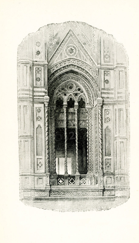 This illustration of the tracery from the Campanile of Giotto at Florence is from John Ruskin's essay ""The Seven Lamps of Architecture,"" published in 1849. Giotto's Campanile is a free-standing campanile or bell tower  that is part of the complex of buildings that make up Florence Cathedral on the Piazza del Duomo in Florence, Italy. Tracery refers to the stonework elements that support the glass in a window. The term probably derives from the tracing floors on which the complex patterns of windows were laid out in late Gothic architecture. John Ruskin was the leading English art critic of the Victorian era, as well as an art patron, draughtsman, watercolorist, philosopher, prominent social thinker and philanthropist. He wrote on subjects as varied as geology, architecture, myth, ornithology, literature, education, botany and political economy. The 'lamps' of the title are Ruskin's principles of architecture.