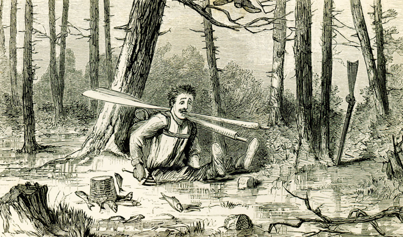 The 1869 caption reads: ""It is pleasant for a man, in the position that I was in, to feel that he has something under him."" The image shows a man having swamped his boat in the Adirondack area, the fish he caught escaping from the basket., oars in his hand, gun caught in mud.