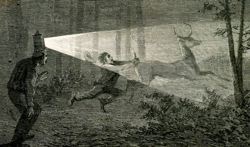 The 1869 caption reads: ""Martin, I shouted, Hang on, that's your deer. I quit all claim to him."" The image shows a man with a headlamp shining on a deer and another ""Martin"" grabbing the deer by the tail.