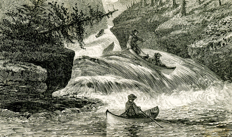 The 1869 caption reads: ""O, royal sight it was to see them come one after another on the verge."" A man in a boat watches as another boat with two people maneuver over rapids.