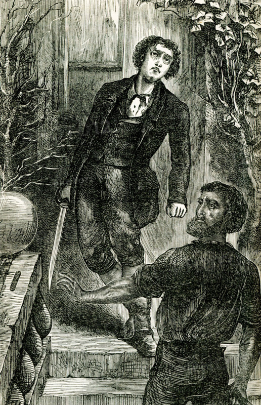 The caption for this late 1800s illustration from the novel Felix Holt by George Eliot  reads: ""A bullet whizzed and passed through Felix Holt's Shoulder...Felix fell."" Felix Holt, the Radical (1866) is a social novel written by George Eliot about political disputes in a small English town at the time of the First Reform Act of 1832. In January 1868, Eliot penned an article entitled ""Address to Working Men, by Felix Holt"". Mary Ann Evans (1819-1880), known by her pen name George Eliot, was an English novelist, poet, journalist, translator and one of the leading writers of the Victorian era. She wrote seven novels, Adam Bede, The Mill on the Floss, Silas Marner, Romola, Felix Holt, the Radical, Middlemarch and Daniel Deronda.