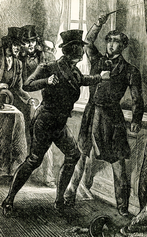 The caption for this late 1800s illustration from the novel Felix Holt by George Eliot  reads: ""Let me go, you scoundrel, said Harold fiercely, or I'll be the death of you."" Felix Holt, the Radical (1866) is a social novel written by George Eliot about political disputes in a small English town at the time of the First Reform Act of 1832. In January 1868, Eliot penned an article entitled ""Address to Working Men, by Felix Holt"". Mary Ann Evans (1819-1880), known by her pen name George Eliot, was an English novelist, poet, journalist, translator and one of the leading writers of the Victorian era. She wrote seven novels, Adam Bede, The Mill on the Floss, Silas Marner, Romola, Felix Holt, the Radical, Middlemarch and Daniel Deronda.