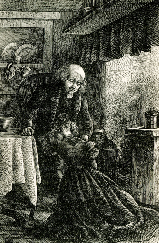 The caption for this late 1800s illustration from the novel Felix Holt by George Eliot  reads: ""Father, I have not been good to you but I will be I will be, said Esther laying her head on his knee."" Felix Holt, the Radical (1866) is a social novel written by George Eliot about political disputes in a small English town at the time of the First Reform Act of 1832. In January 1868, Eliot penned an article entitled ""Address to Working Men, by Felix Holt"". Mary Ann Evans (1819-1880), known by her pen name George Eliot, was an English novelist, poet, journalist, translator and one of the leading writers of the Victorian era. She wrote seven novels, Adam Bede, The Mill on the Floss, Silas Marner, Romola, Felix Holt, the Radical, Middlemarch and Daniel Deronda.